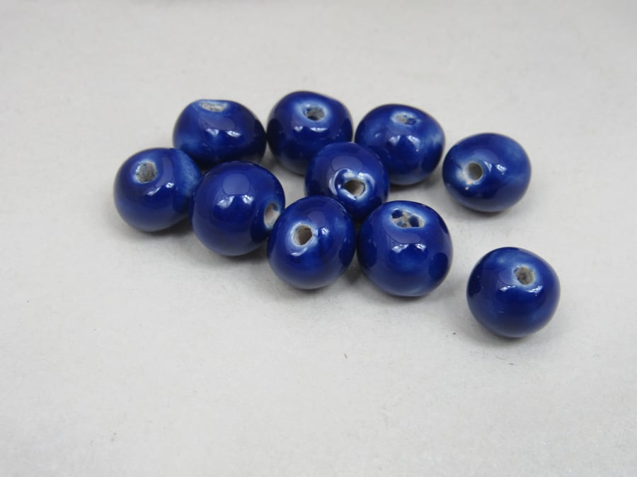 10 Small Cobalt Blue Glazed Clay Beads