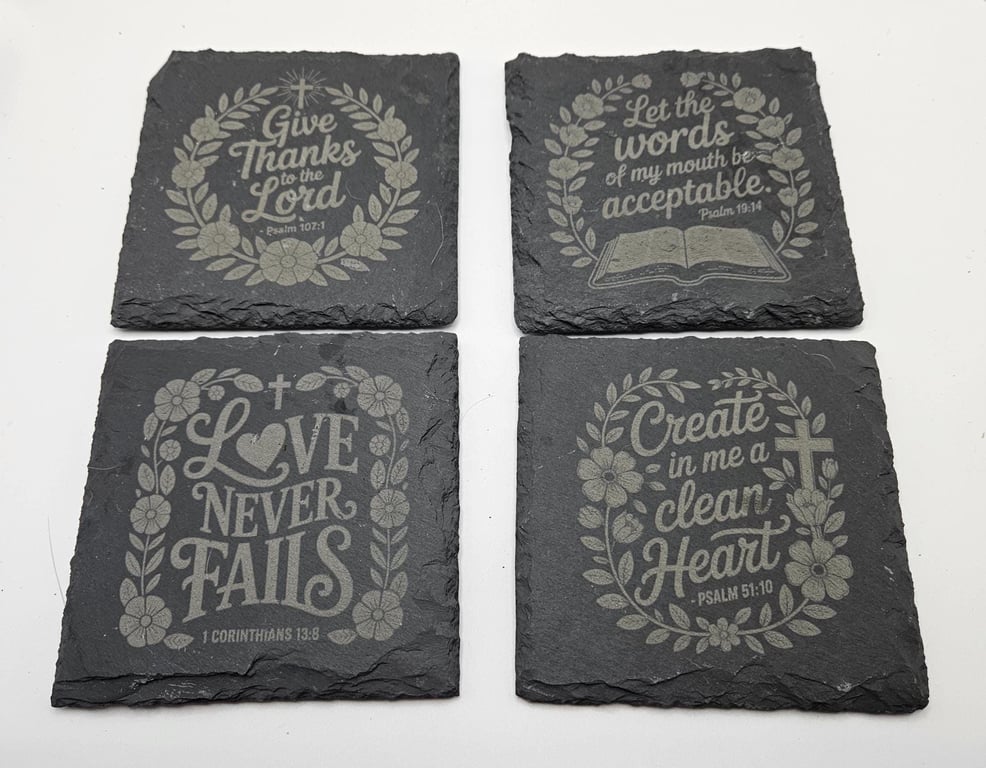 Engraved Slate Coasters Set of 4 - Inspirational Bible Verses 10x10cm Handmade G