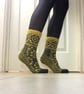 Hand knit Grey Yellow Wool Socks Fair Isle Floral Nordic Winter Christmas  - Image 2