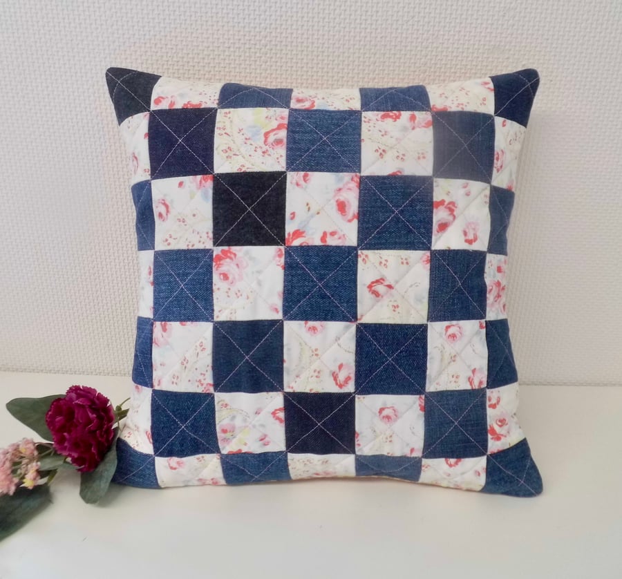 Denim and floral patchwork cushion in reclaimed vintage fabric 1970s inspired