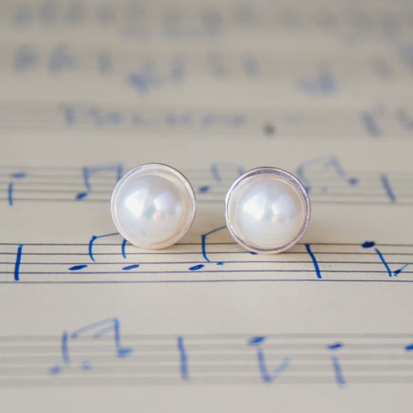 Sterling silver pearl stud earrings,  pearl wedding earrings