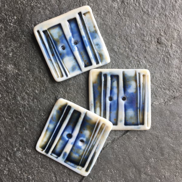 Porcelain buttons, square, set of 3, blue, green rust - size 3cm square