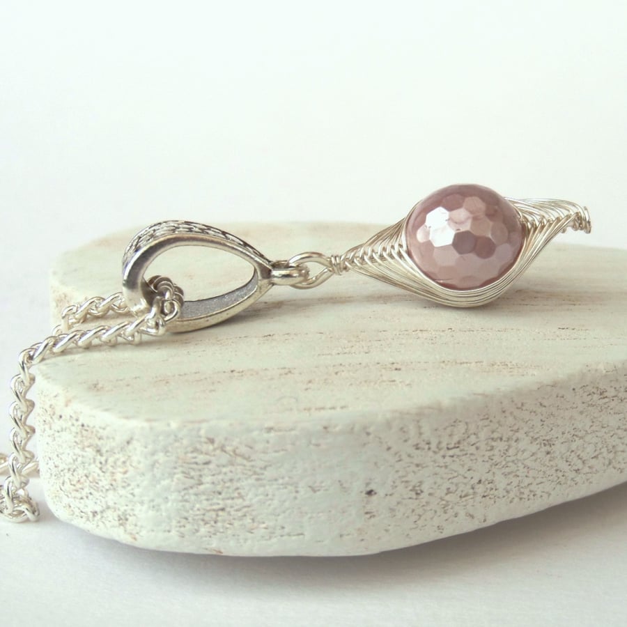 Dusky pink shell pearl wire wrapped necklace