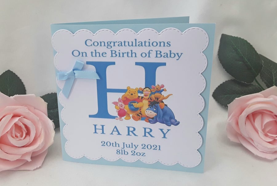 Personalised Winnie Pooh New Baby Boy Card, Winnie New Baby Boy Card