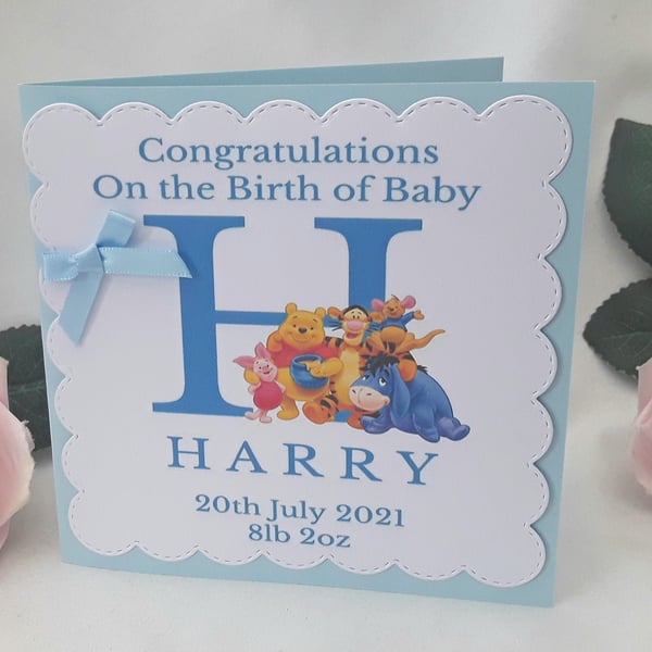 Personalised Winnie Pooh New Baby Boy Card, Winnie New Baby Boy Card