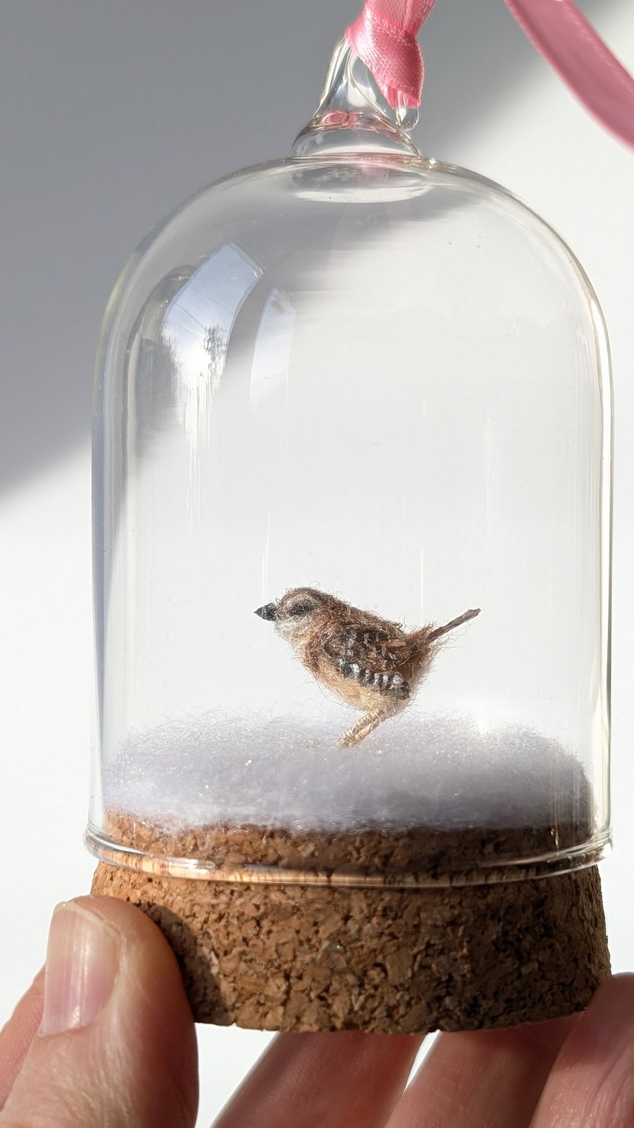  Tiny needle felt bird - Wren in winter in hanging bell jar