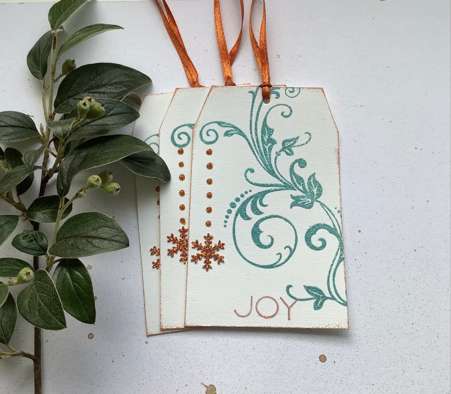 CHRISTMAS GIFT TAGS  ( set of 3) Snowflake. Flourish . Copper ,teal . Joy.