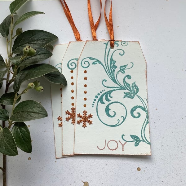 CHRISTMAS GIFT TAGS  ( set of 3) Snowflake. Flourish . Copper ,teal . Joy.