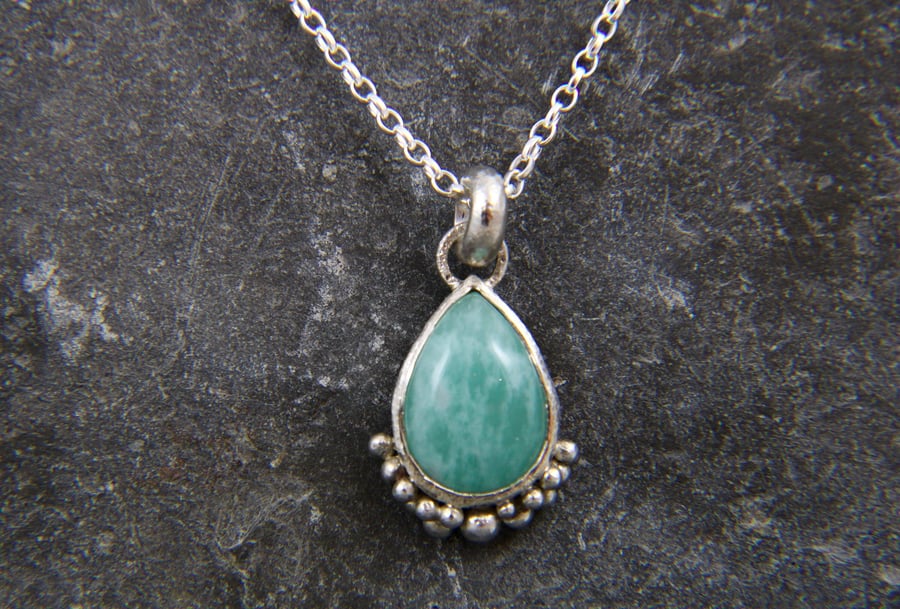 Amazonite Gemstone Pear Teardrop Shaped Sterling Silver Pendant Necklace