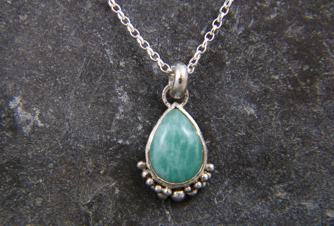 Amazonite Gemstone Pear Teardrop Shaped Sterling Silver Pendant Necklace