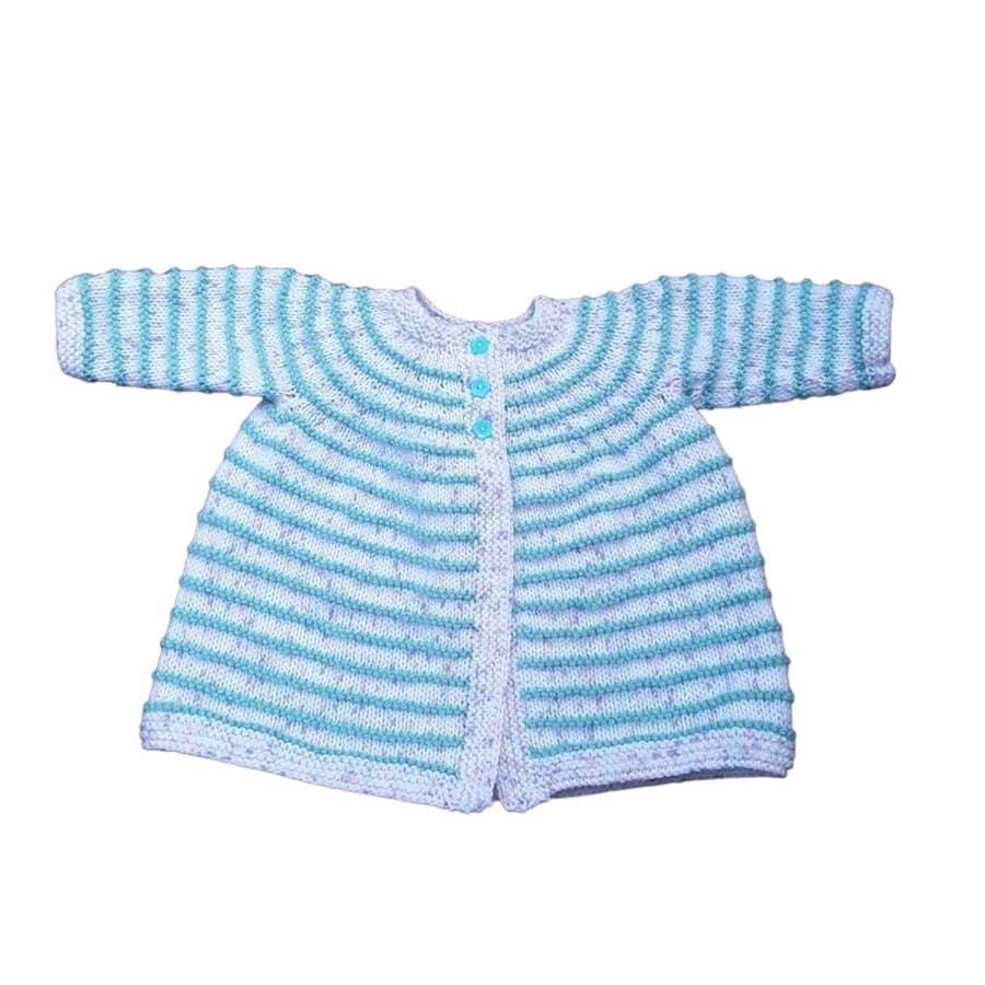 Hand Knitted Baby Cardigan in White with Green Stripes, 0-3 Months, Baby Gift