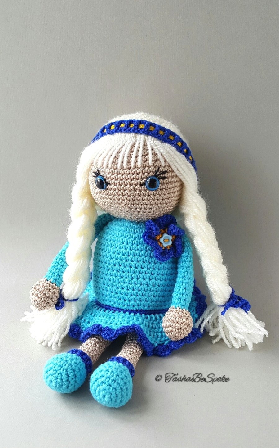 SALE Handmade doll hand crochet amigurumi doll in a blue dress 