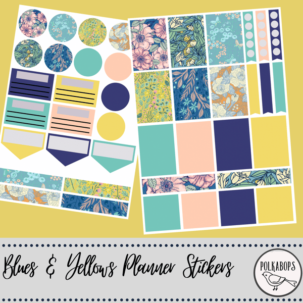 40 Blue and Yellow Floral Planner Stickers Digital and Printable