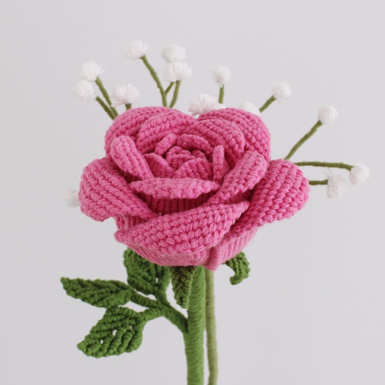 Single stem rose, macrame rose, pink rose flower
