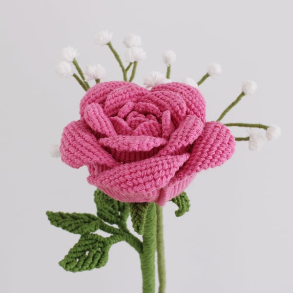 Single stem rose, macrame rose, pink rose flower
