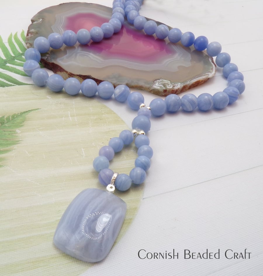 Adorable Blue Lace Beaded Gemstone Necklace - Sterling Silver Spring Large Clasp