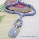 Adorable Blue Lace Beaded Gemstone Necklace - Sterling Silver Spring Large Clasp