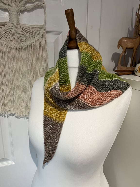 Cotton mix yarn Mustard Green earthy colours wrap scarf neckerchief 120cms long 