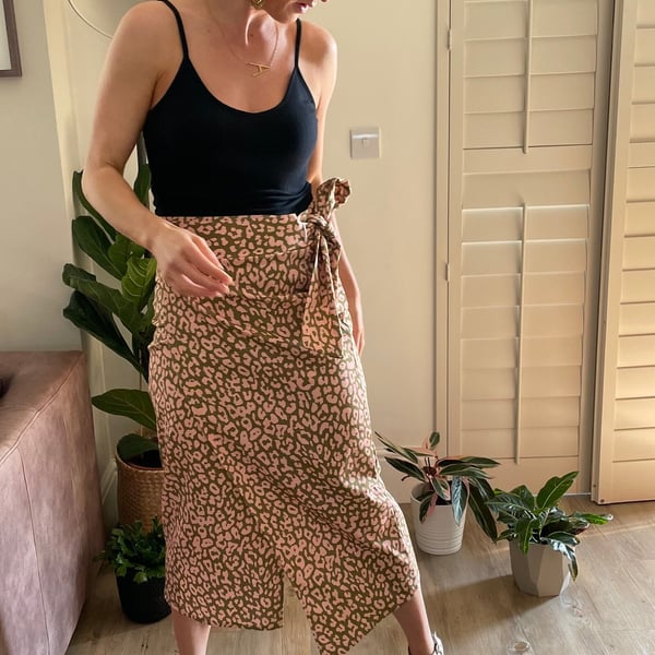 Pink & Green Leopard Wrap Skirt .  Animal Print Wrap Skirt .  Midi Skirt