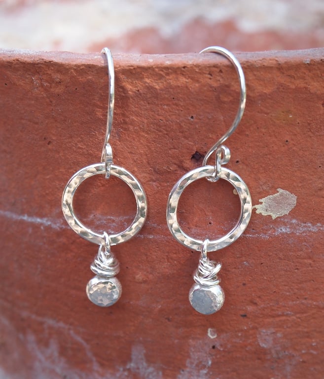 Hammered Silver Hoop Pebble Earrings, Sterling Silver Dangle Earrings