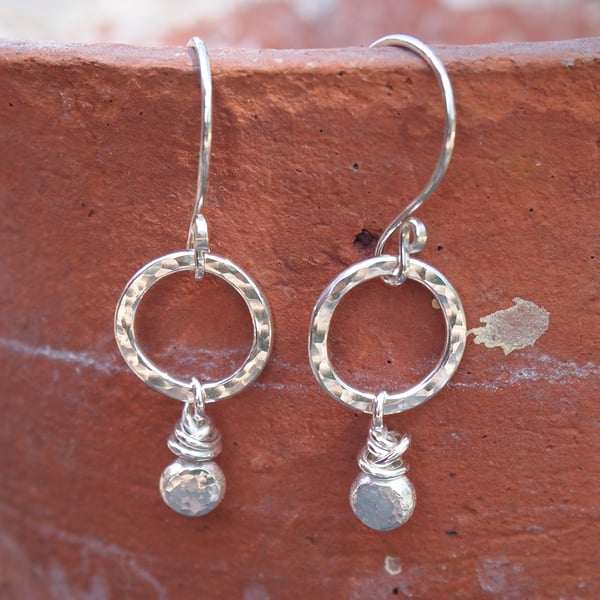 Hammered Silver Hoop Pebble Earrings, Sterling Silver Dangle Earrings