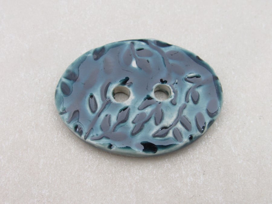 SECONDS Large Petrol Blue Sprig Oval Handmade Ceramic Button