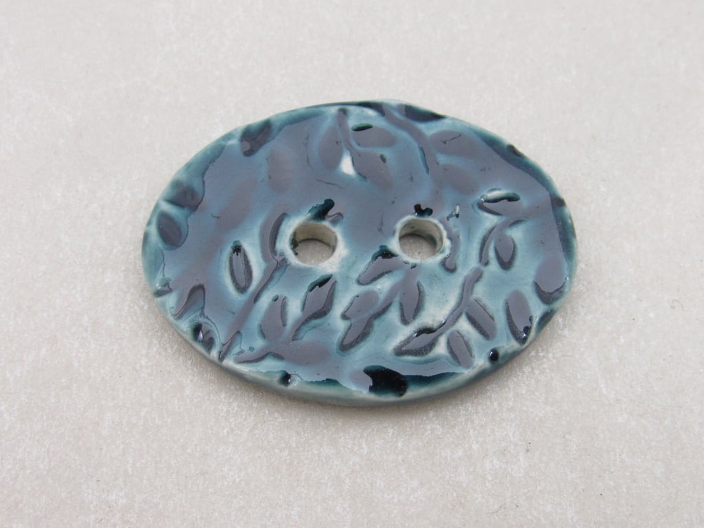SECONDS Large Petrol Blue Sprig Oval Handmade Ceramic Button