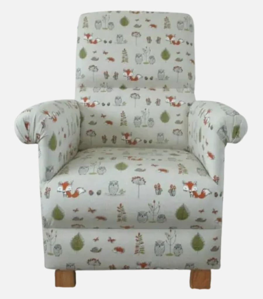 Fryetts Woodland Animals Fabric Adult Chair Nursery Armchair Beige Foxes Owls