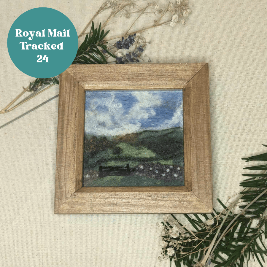 Needle Felt Exmoor Landscape in Wood Stained Box Frame 6"x6"