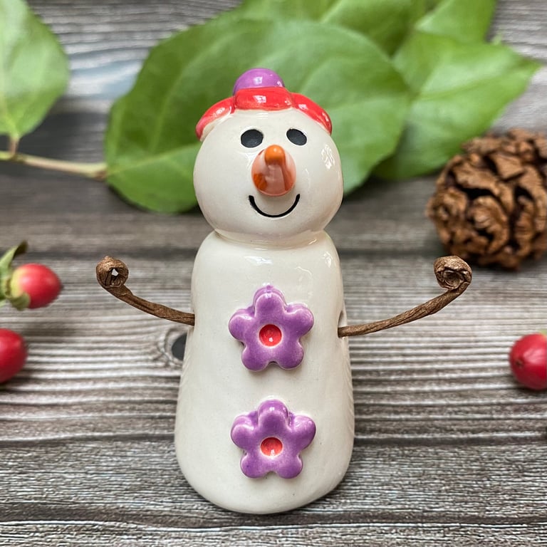 Handmade Ceramic Snowpeep with Red Purple Flowers
