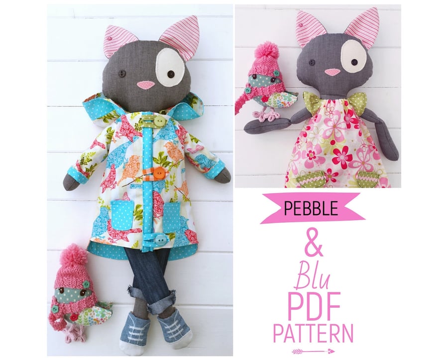 Digital PDF Sewing Pattern for Cat Doll 'Pebble' & Little friend 'Blu' Bird 