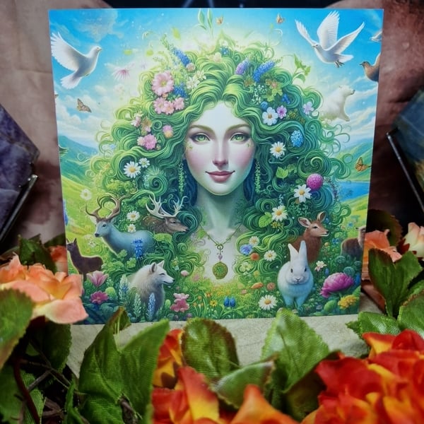  Beautiful Mother Earth Gaia Goddess With Animals Greeting Card 