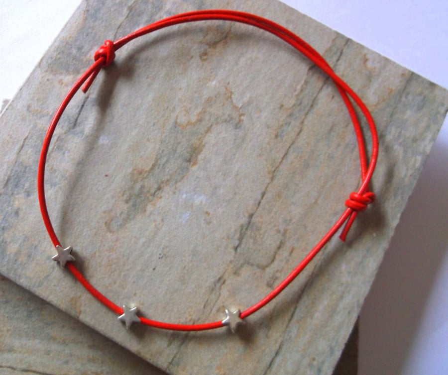 Red Leather Anklet with Silver Stars