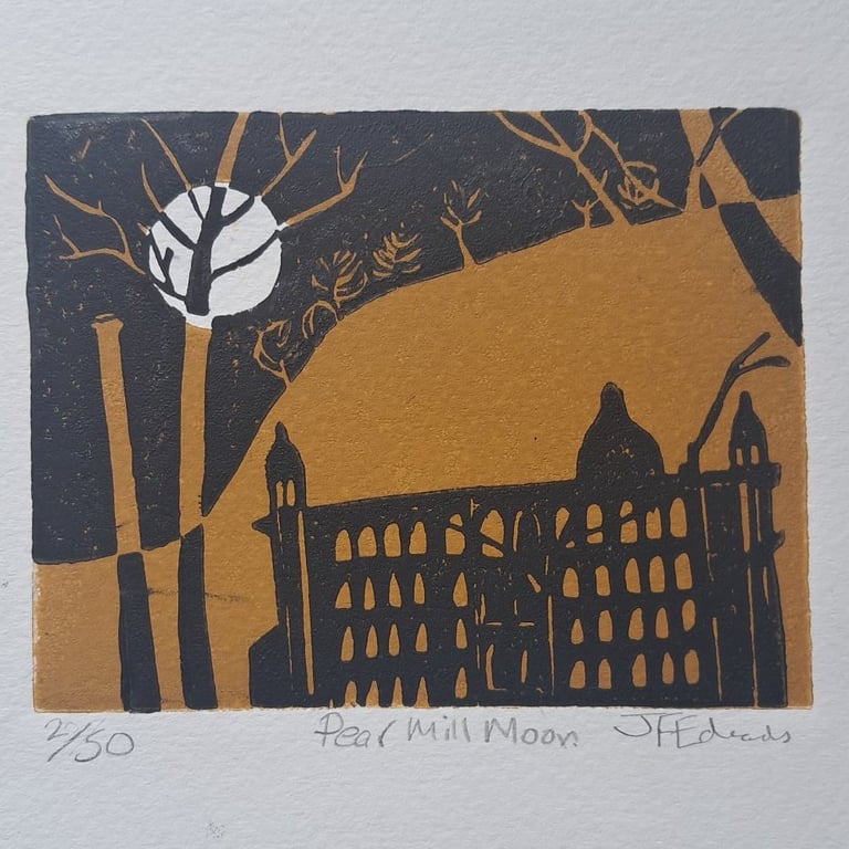Pear Mill Moon, Stockport. Original 2 colour linocut small print