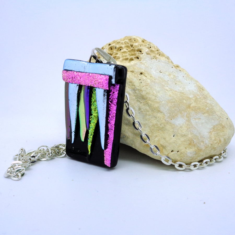 Dichroic fused glass pendant "Icicles and pink"