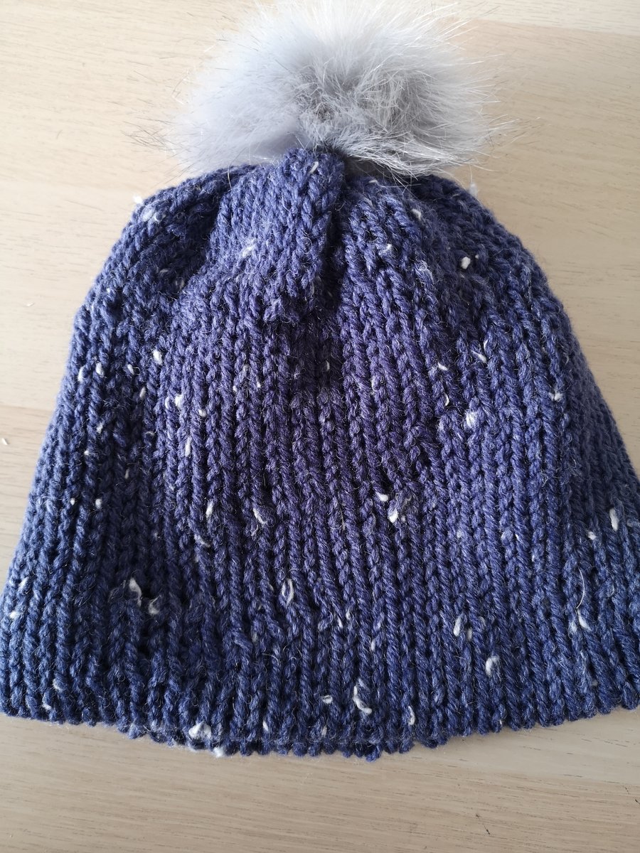 Blue Ribbed hat Hand made with grey faux fur Pom pom