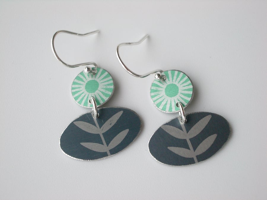 Folk art flower earrings in green and grey