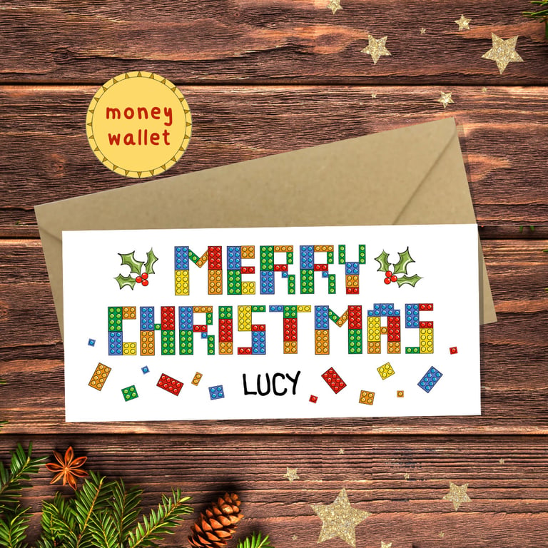 Merry Christmas Bricks Money Wallet Card - cash gift, money envelope