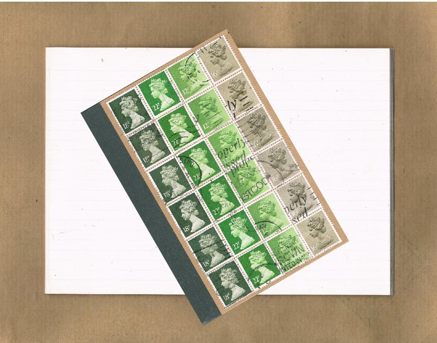 Upcycled Notebook - Grass Green Ombre Recycled Postage Stamps, lined a6 jotter