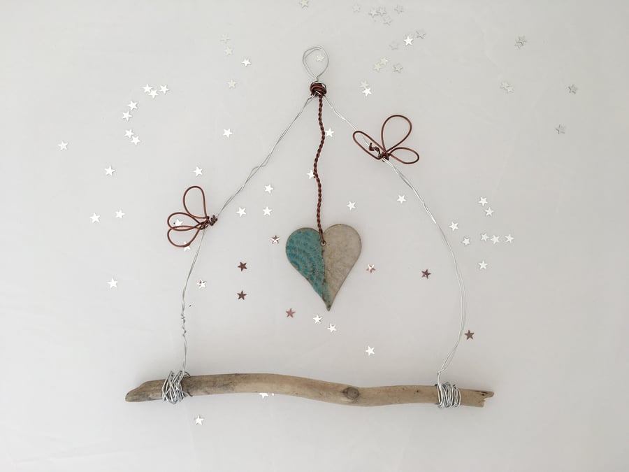 Wire art, hand made wire hanger, driftwood and pottery wall hanging