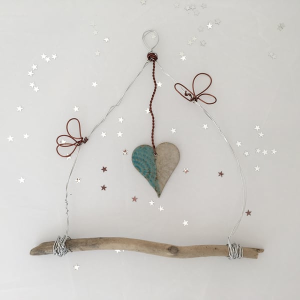 Wire art, hand made wire hanger, driftwood and pottery wall hanging