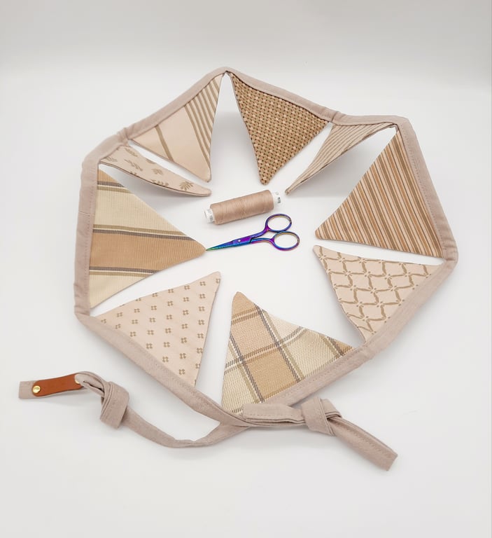 Fabric bunting,  cream and tan home decoration.  