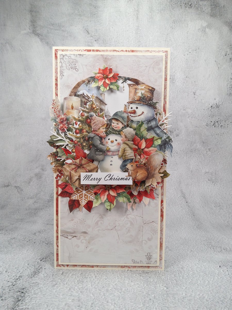 Handmade Christmas Card (36) Children Building a Snowman & Festive Winter Scene