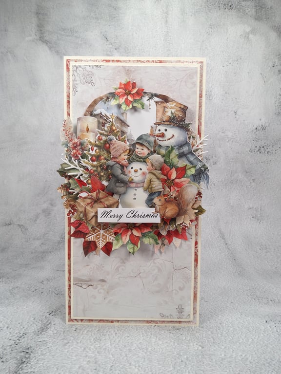 Handmade Christmas Card (36) Children Building a Snowman & Festive Winter Scene