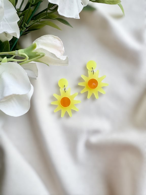 Yellow Sunburst Acrylic Earrings - Orange Shimmer Sunshine Dangles
