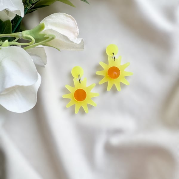Yellow Sunburst Acrylic Earrings - Orange Shimmer Sunshine Dangles