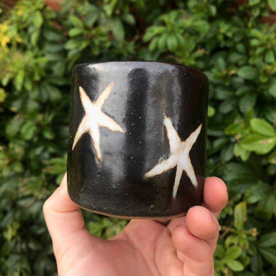black and white stars, small hand built ceramic cup