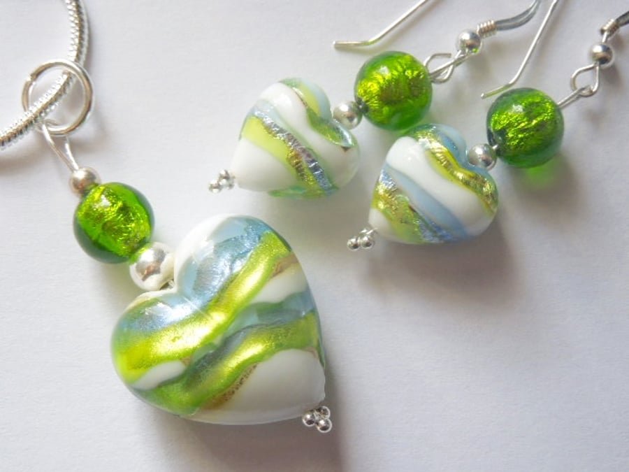 Murano glass green and white pendant and earrings set with sterling silver.
