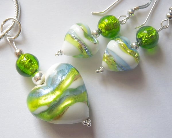 Murano glass green and white pendant and earrings set with sterling silver.