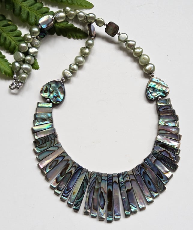 Designer Abolone Shell & Sage Green Baroque Freshwater Culture Pearl Necklace 